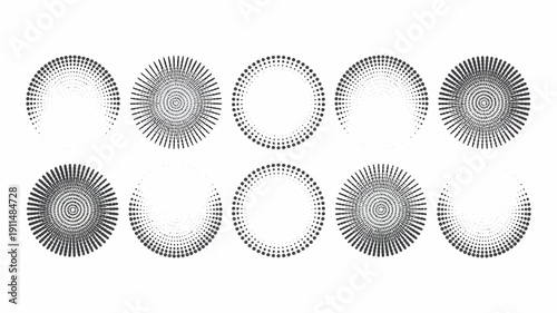 A monochrome graphic displays nine circular arrangements varying in density and pattern resembling radial or wave like formations high quality professional detailed modern elegant stylish clean