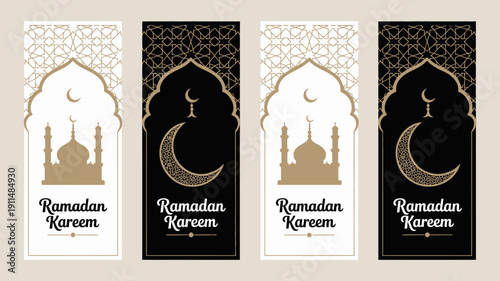 Four rectangular ramadan kareem cards display islamic geometric patterns a crescent moon and mosque silhouettes in varying color schemes high quality professional detailed modern elegant stylish