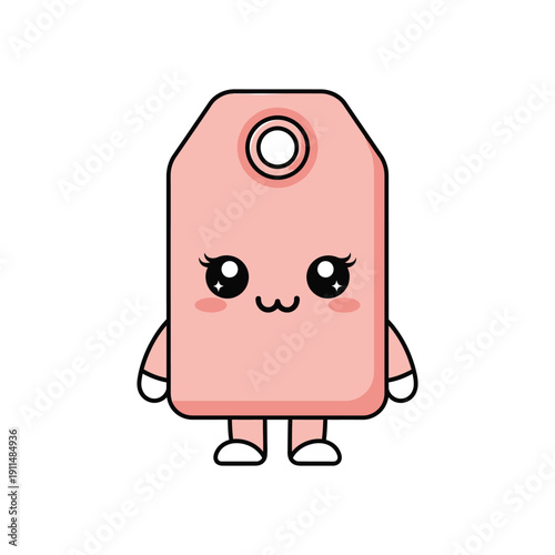 An adorable pink tag character with a smiling face and cute legs is standing.