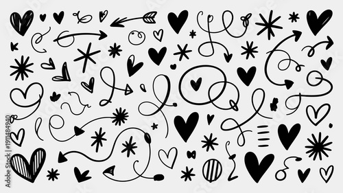 A seamless pattern features hand drawn black doodles including hearts arrows stars swirls and abstract shapes on a white background high quality professional detailed modern elegant