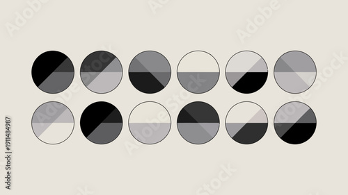 An arrangement of ten circles displays variations in grayscale shades showing a gradient from black to white with half tones high quality professional detailed modern elegant