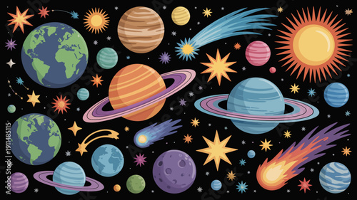 A colorful illustration depicts planets stars comets and celestial bodies scattered across a dark expansive space background high quality professional detailed modern elegant stylish clean crisp