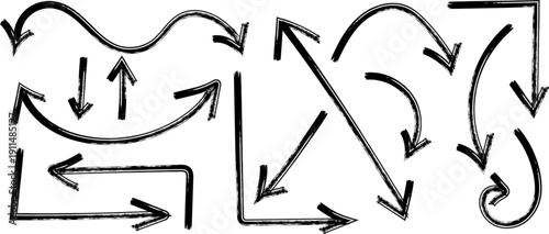 A collection of hand drawn black arrows in various curved and straight formations suggesting direction movement and flow high quality professional detailed modern