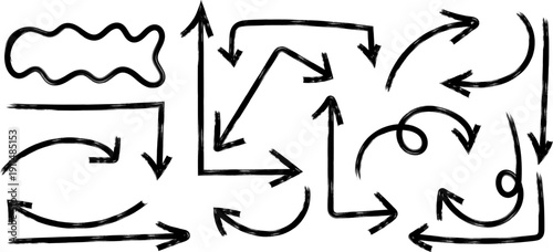 A black and white illustration depicts a series of curved and straight arrows alongside abstract line formations suggesting a complex system high quality