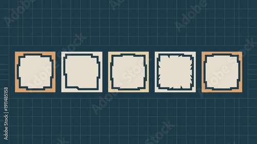 A row of five pixelated frames with varying border designs are displayed against a dark teal grid background high quality professional detailed modern elegant stylish clean