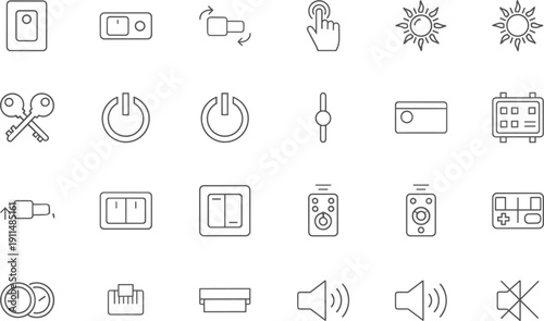 Comprehensive Smart Home Interface Icon Set Vector Outline Symbols For Light Switches Power Buttons Keys And Audio Controls