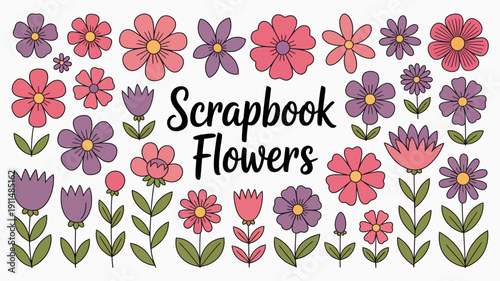 A colorful arrangement of cartoon flowers and foliage surrounds the text scrapbook flowers in a playful design high quality professional detailed modern elegant stylish clean crisp