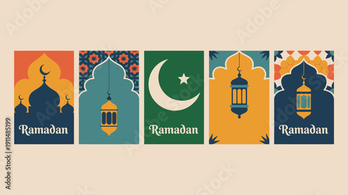 A series of five rectangular panels display islamic motifs and the word ramadan celebrating the holy month with vibrant designs high quality professional detailed modern elegant
