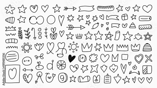 A collection of hand drawn black and white doodles including stars hearts crowns arrows and various abstract shapes high quality professional detailed modern elegant stylish clean