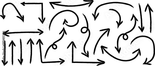 A collection of hand drawn arrows in various directions and curves fills the frame creating a dynamic visual pattern high quality professional detailed