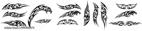 Collection of black tribal tattoo designs and decals featuring abstract feline and claw motifs