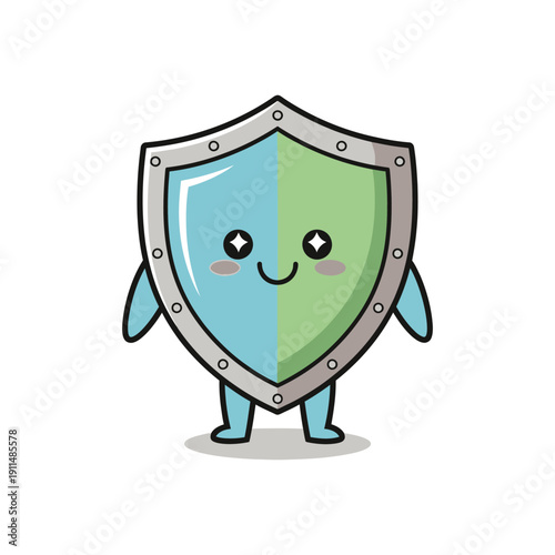 Cute shield character illustration with smiling face standing alone on white background