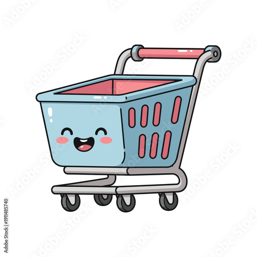 A cheerful cartoon shopping cart with a smiley face is shown on wheels.