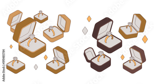 Isometric jewelry boxes with rings and a diamond multiple views shown, luxury engagement and wedding concept illustration