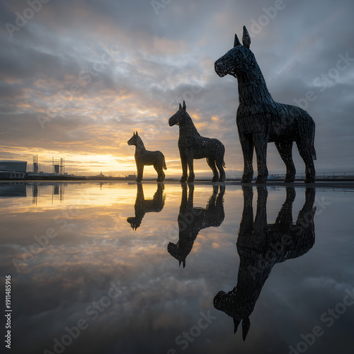 Majestic Kelpies: Captivatng Water Spirits Illuminatd Against a Backdrop of Trnquil Waters Reflecting th Mystical Guardians of Scotish Heritage