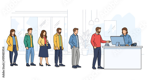 People waiting in a queue at a service counter, with a clerk assisting the first customer in a modern office setting.