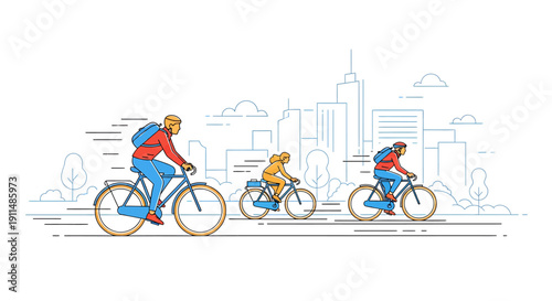 Three people cycling on bicycles with backpacks in a city setting, featuring a modern skyline in the background.