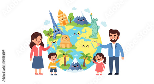 Illustration of a happy family with kids standing around a globe, symbolizing tourism and resilience on a Global Tourism Resilience Day with a joyful and travel-inspired theme.