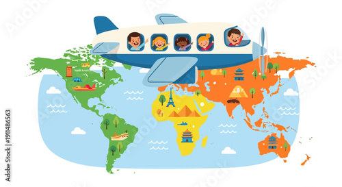 Illustration of a family with a boy and parents on a plane flying over a colorful world map on Global Tourism Resilience Day, symbolizing a tourism comeback with a happy and hopeful mood.
