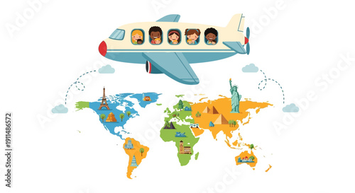 Illustration of a family with a child and parents traveling by airplane around the globe on a world map for Global Tourism Resilience Day, symbolizing tourism comeback.