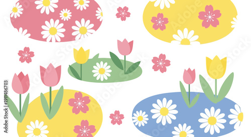 Vector illustration of a colorful floral parade with tulips and daisies on floats for a spring flower procession, featuring carnival decorations and icons.