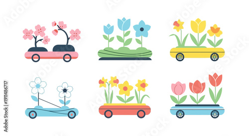 Colorful vector illustration of floral floats and decorations on carnival cars for a spring flower procession in a city, conveying a joyful mood with a mix of flowers and vehicles.