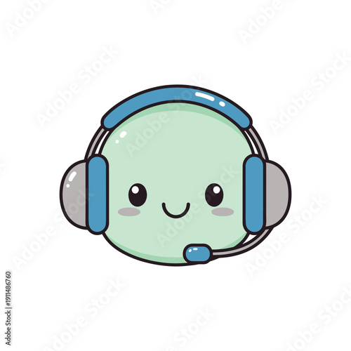 A cartoon green character happily wears a blue headset with a microphone.