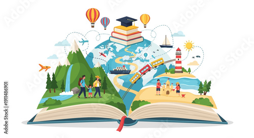 Illustration of an open book with tourism and education elements, featuring a globe, graduation cap, and travel icons, symbolizing global tourism resilience and comeback, with a colorful