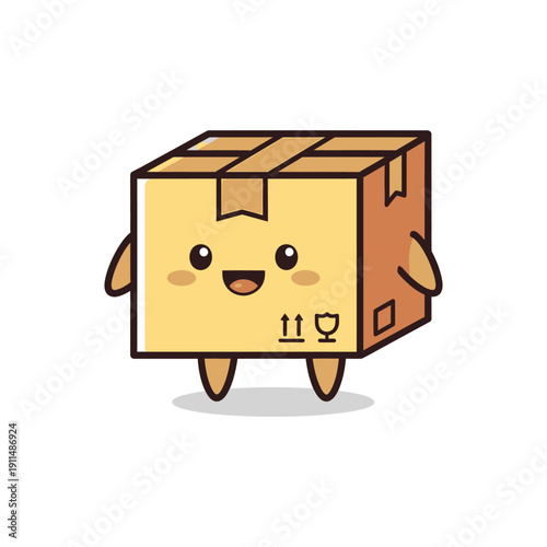 A cheerful cartoon box character stands on a plain background with smiling face.
