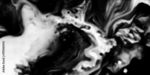 Vector halftone dots background, fading dot effect. Imitation of a mountain landscape, banner, shades of gray.