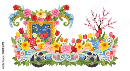 Vector illustration of a colorful floral parade float with spring flowers, decorations, and butterfly, set against a white background.
