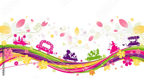 Vector illustration of a vibrant floral parade with colorful floats, decorations, and flowers, featuring a festive carnival car and people, set against a white background with a lively
