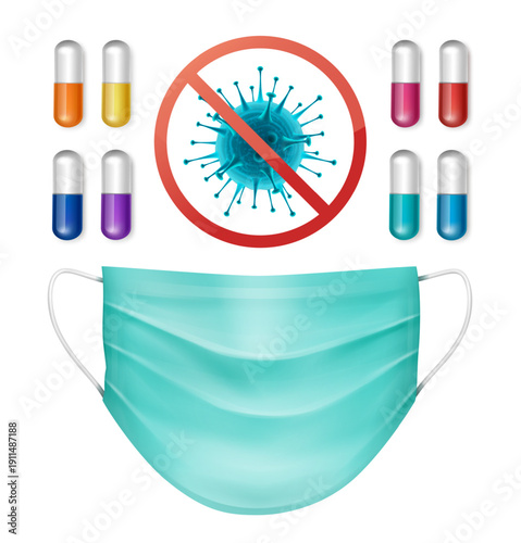 Medical Protection Vector Set with Face Mask, Virus Symbol and Colorful Capsules