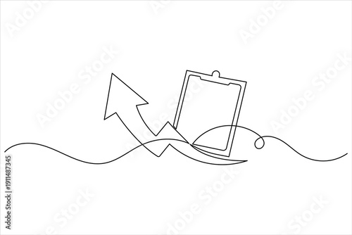 Clipboard with rising arrow graph continuous one line drawing representing business growth