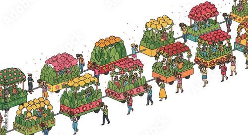 Vector illustration of a vibrant floral parade with colorful flower floats and decorations moving through a city street with people, showcasing a joyful spring procession.