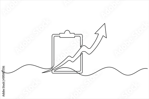 Clipboard with rising arrow graph continuous one line drawing representing business growth