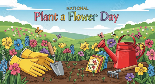 Gardening scene with flowers tools and gloves on national plant a flower day in a colorful field