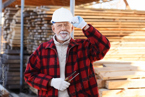 Happy mature male carpenter...