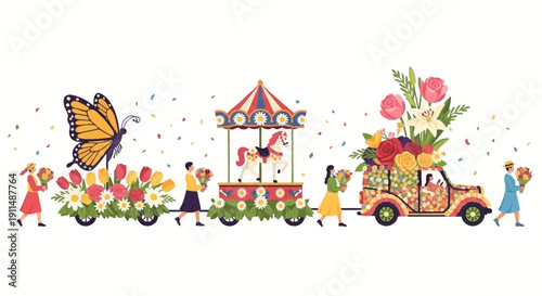 Vector illustration of a vibrant floral parade procession with people, floral floats, carnival decorations, and a colorful truck filled with flowers, conveying a joyful spring atmosphere.
