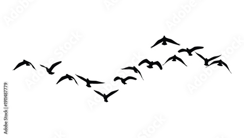A flock of birds flying in a v-shaped formation against a white background Vector