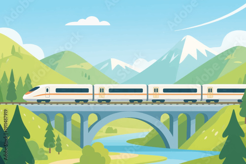 High-speed train crossing arched bridge over river, surrounded by green hills, snowy peaks, and clear blue sky.