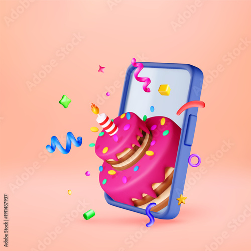 Birthday cake with candle popping out of a 3d smartphone screen. Online party invitation for New Year celebration. Festive digital greeting card. Vector illustration