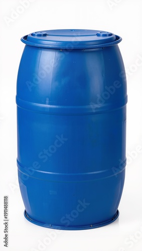 Large blue plastic industrial barrel with metal locking lid and side handles, heavy duty storage drum isolated on white background