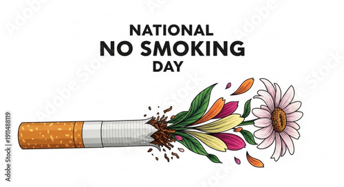 National no smoking day illustration with cigarette and blooming flowers symbolizing quitting smoking and healthy living
