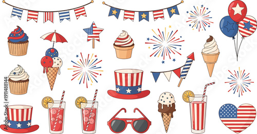 Vibrant Patriotic American Celebration Elements Set with Festive Decorations and Treats