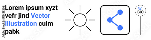 Sustainability, ecology, technology, communication, eco-consciousness, bio-products. A sun icon, share symbol and bio tag. Sustainability and ecology symbols for modern communication