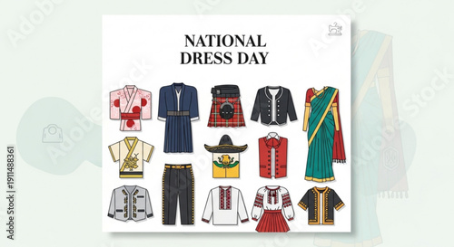 National dress day celebration with traditional clothing from around the world on white background