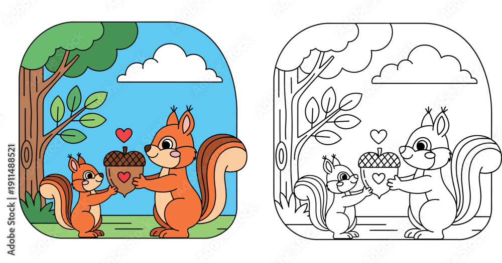 Fototapeta premium Cute cartoon squirrel mom and baby holding giant acorn with heart. Happy animal family sharing love