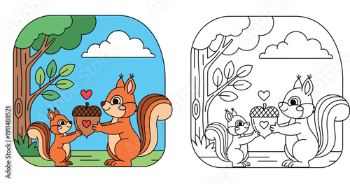 Cute cartoon squirrel mom and baby holding giant acorn with heart. Happy animal family sharing love
