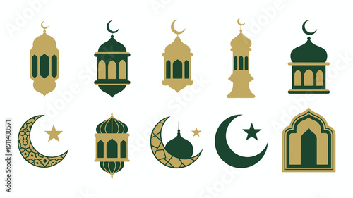 An arrangement of islamic decorative elements including crescent moons lanterns and architectural features in green and gold hues high quality professional detailed modern elegant stylish clean